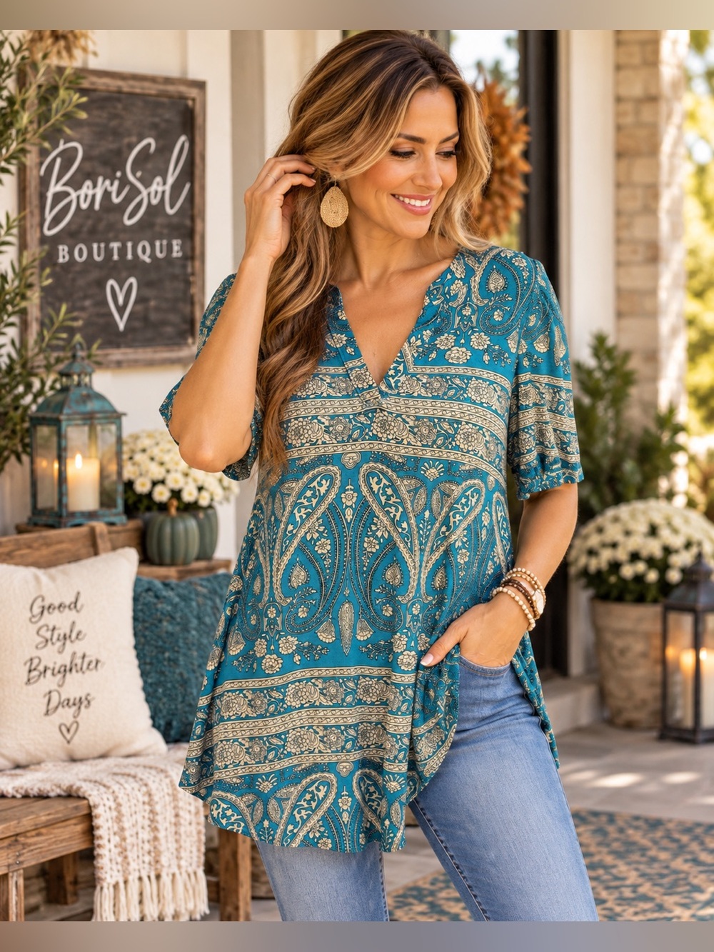 Anyally Teal & Cream Paisley Floral V-Neck Tunic Top Size Medium